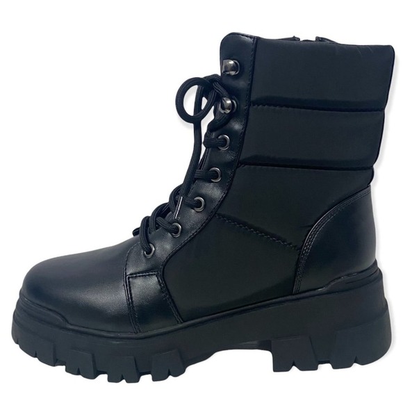 Marc Fisher Amita Lugsole Combat Boots Womens size 8.5 Black Faux Leather NEW - Picture 1 of 11